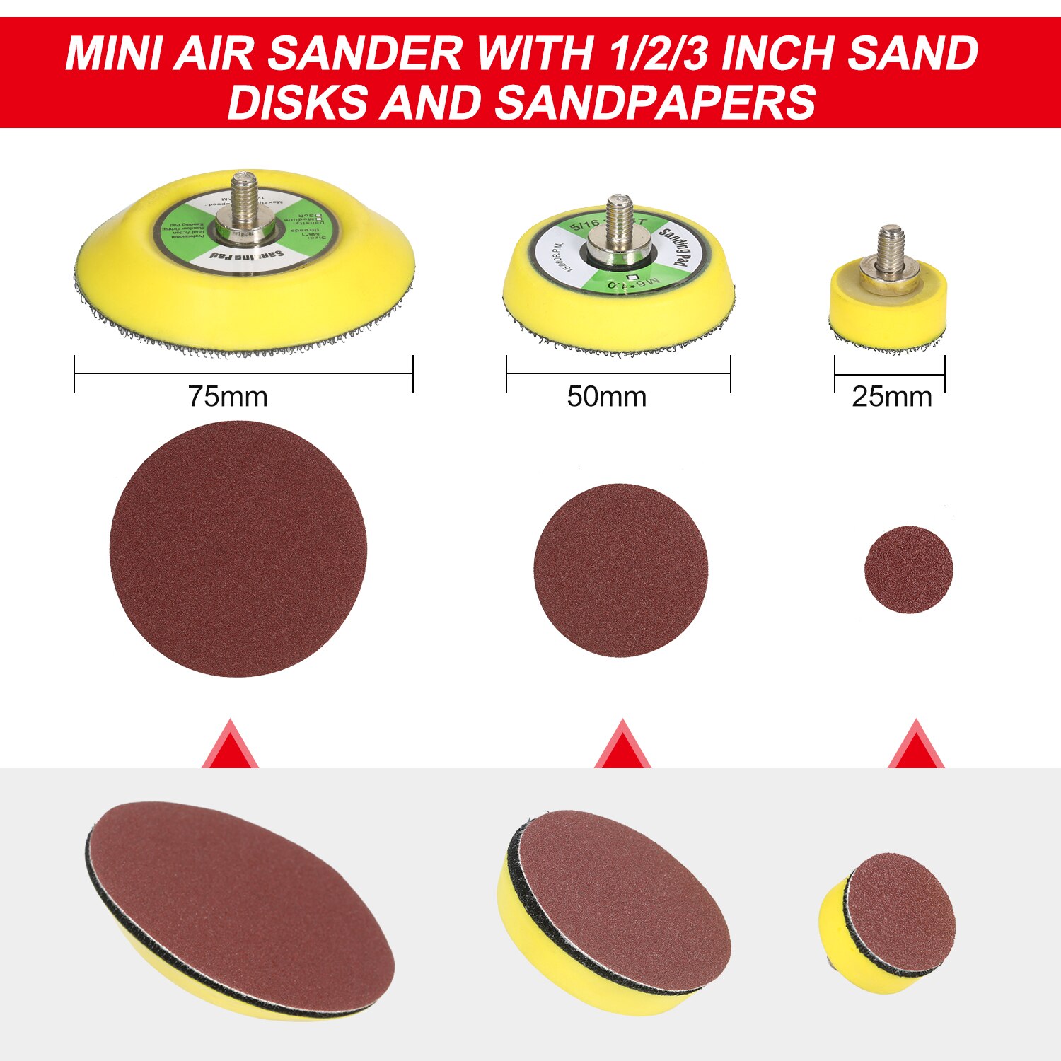 Mini Air Sander with 1/2/3 Inch Sand Disks Random Orbital Pneumatic Sander Air Powered Sanders &amp; Polisher with 15 Sandpapers