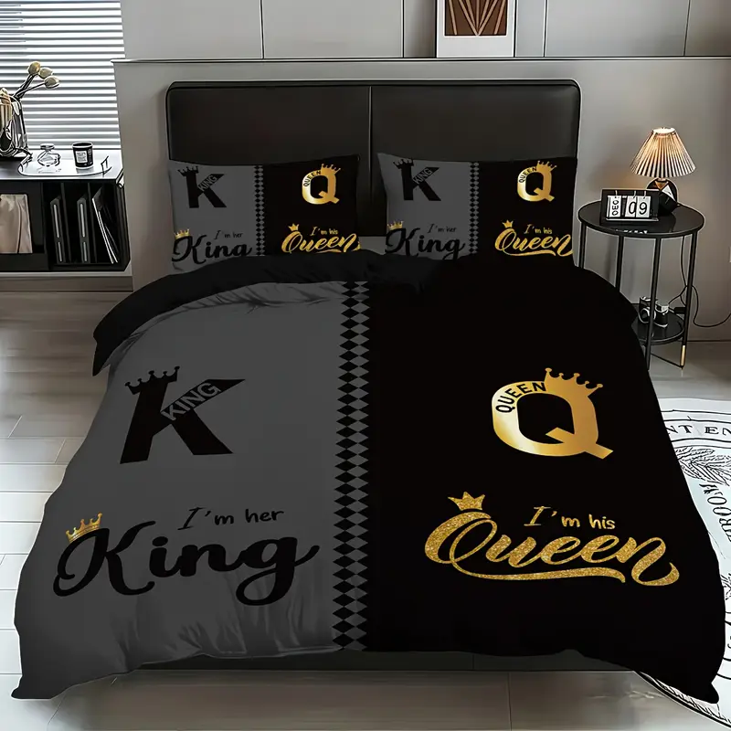 Juego de cama de con estampado king size y queen, color negro y gris, 1 funda nórdica + 2 fundas de almohada, para el hogar y el dormitorio, 3 uds.