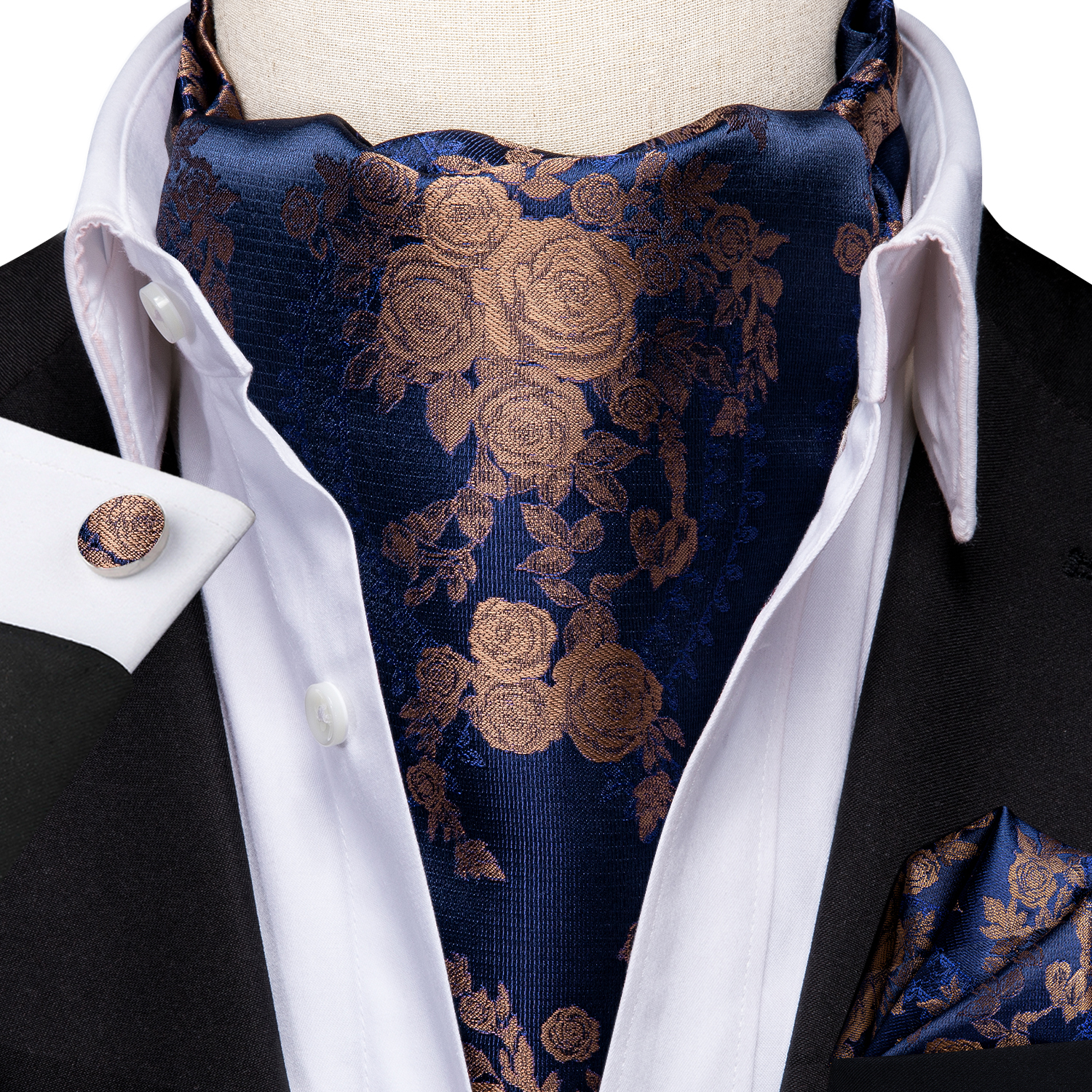 Hi-Tie Silk Mens Ascot Pocket Square Cufflinks Set Jacquard Paisley Floral Vintage Cravat Tie for Male Red Blue Green Gold Pink