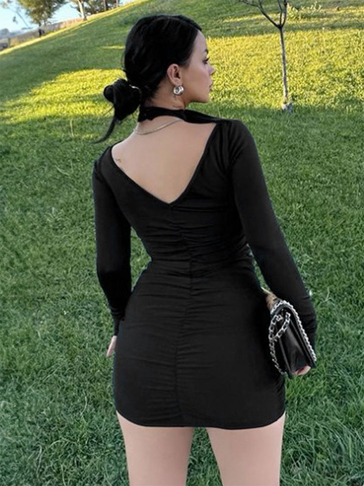 Herbst Schwarz Kleider Frauen Neue Lange Ärmel Rollkragen Kleid sexy Aushöhlen rückenfrei Bodycon Mantel Elegante Dame Kleid