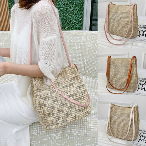 Women Crossbody Shoulder Bag Knitted Straw Messenger Satchel Handbag Bucket Bag