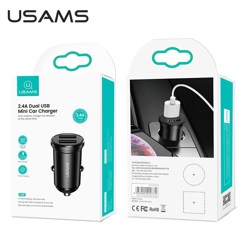 Usams Dual Usb Car Charger Voor Telefoon 2.4A Snelle Mobiele Telefoon Oplader Adapter Voor Iphone 11 Pro Samsung Huawei Auto telefoon Oplader