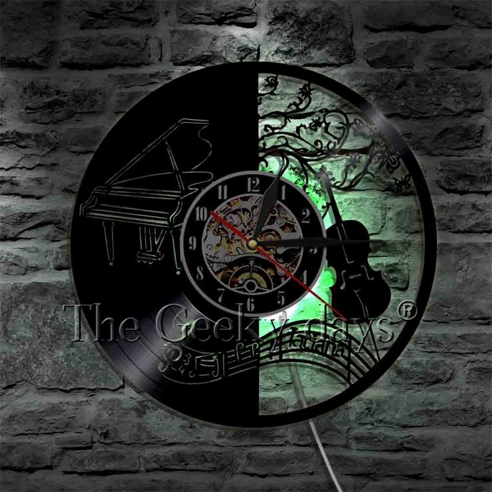 1Piece Music Instrument Vinyl Record Wall Clock Violin Piano LED Hanging Watch Time Clock Modern Music Wall Art Home Decorative