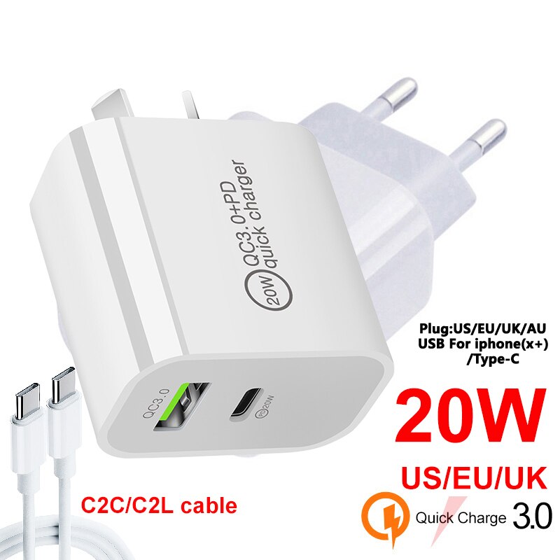 Usb Snelle Lading Plug Pd 5V3A 9V2A QC3.0 Mobiele Telefoon Tablet Lading Kabel Voor Uk/Au/Us/eu Voor Iphone/Type-C 20W Kantoor Charger