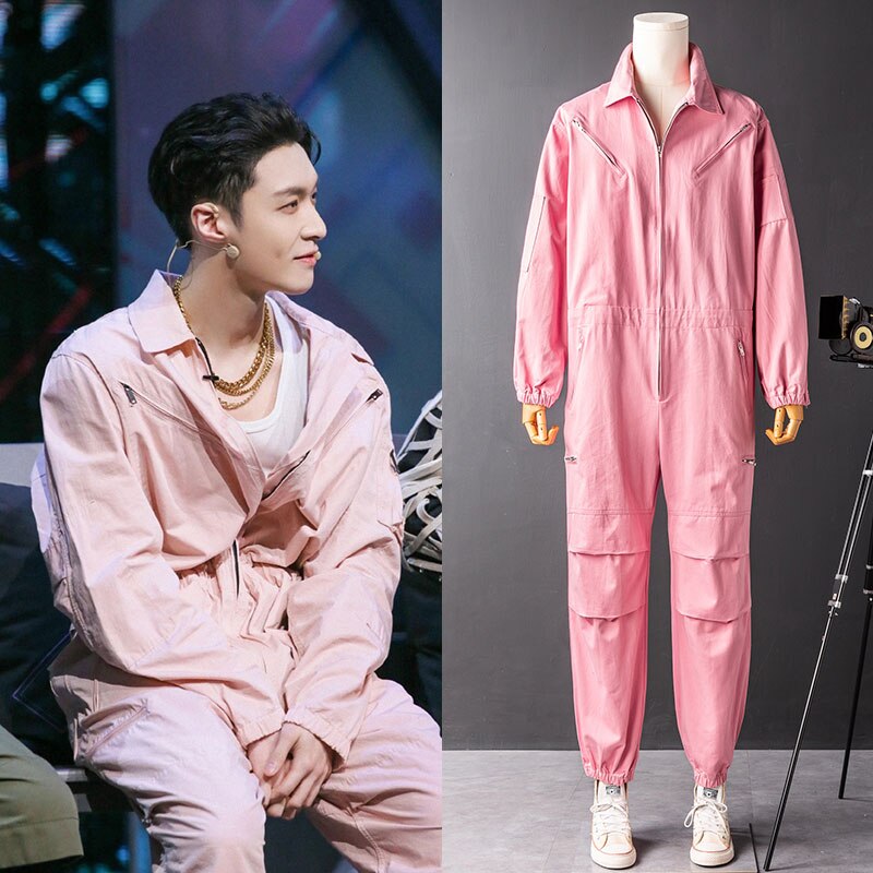 Mono de manga larga para hombre, ropa de trabajo japonesa, holgada, de algodón y Hip Hop, pantalones de color rosa y negro, otoño: L  60 - 65 KG / Rosa