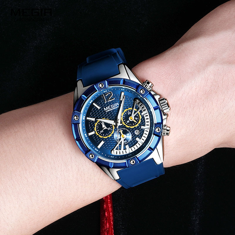 Megir Army Sport Waterdichte Quartz Horloges Voor Mannen Blauw Siliconen Stopwatch Relojios Masculinos Klok Lichtgevende 2083GBE-2