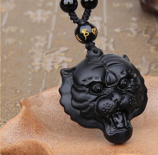 Natürliche Schwarz Obsidian Anhänger Hand Geschnitzt Glück Amulett Tiger Kopf Obsidian Halskette China Handgemachte Schmu