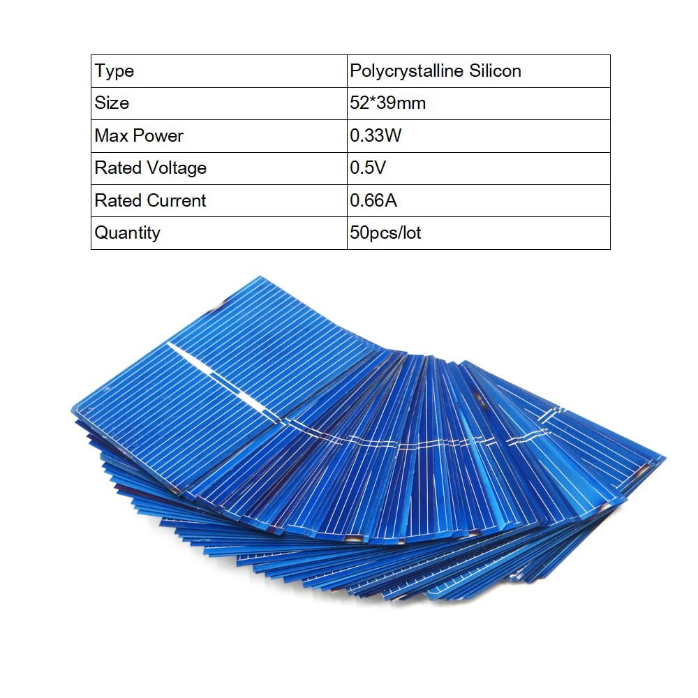 50Pcs Zonnecellen 125 156 Polykristallijne Zonnepaneel 52 78 Diy Oplader Batterij 5V 6V 12V Silicon Sunpower 5/6 Inch Poly: 52x39mm