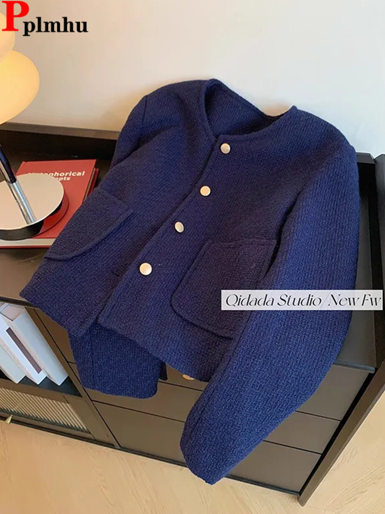 Casaco curto feminino com mistura de lã de peito único, casacos casuais, casacos clássicos, tops elegantes, estilo coreano, azul escuro