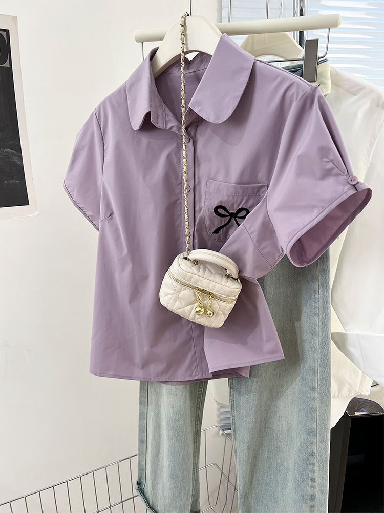 Camisa de manga curta feminina, arco doce coreano, blusa versátil fofa, blusa casual na moda, primavera e verão, nova: S / ROXO