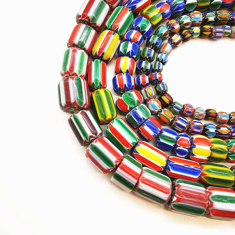 TSB0199 Nepal Hand Colorful Striped Lampwork Beads Strand Antiqued Trade Glass Bead