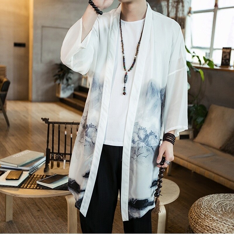 Traditionele chinese kleding voor mannen strand kimono vest lange kimono vesten gevoel kleding zomer TA267: 1