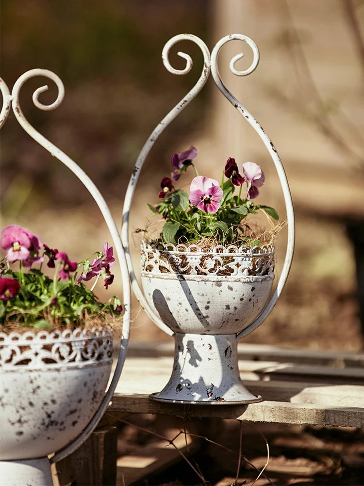 Metal jernarbejde retro vintage urtepotte have balkon gårdsplads plante vase boligindretning hvid urtepotte dekorere ornamenter