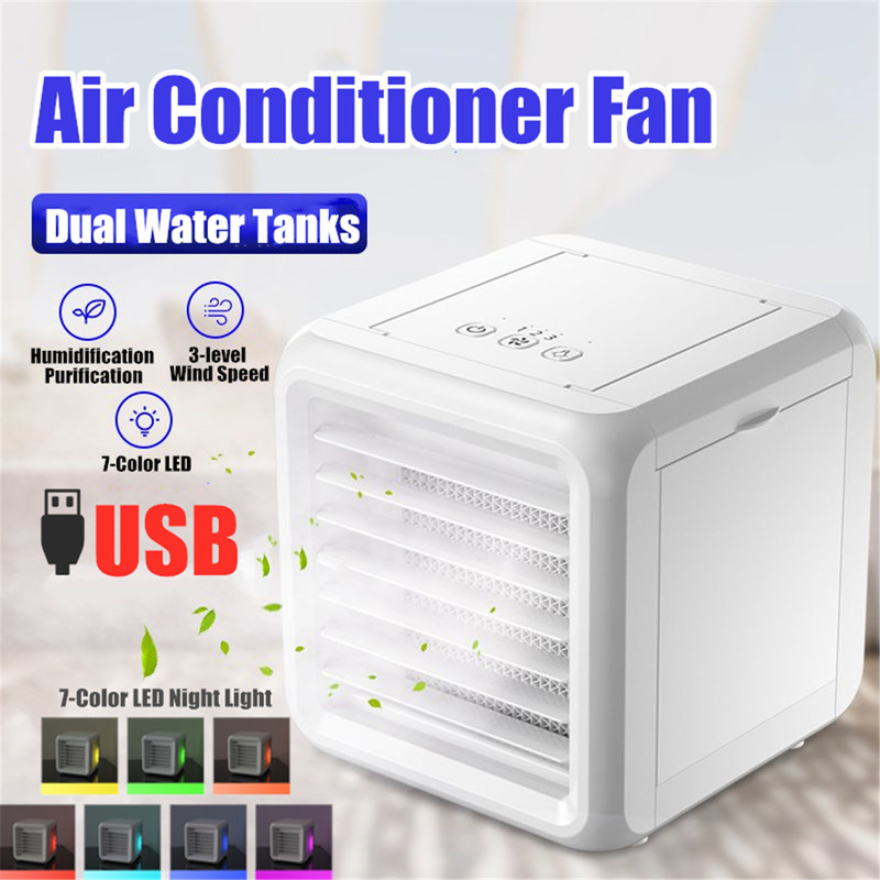 Mini Air Conditioner Portable 7 Colors Light Conditioning Humidifier Purifier USB Desktop Air Cooler Fan With 2 Water Tanks Home