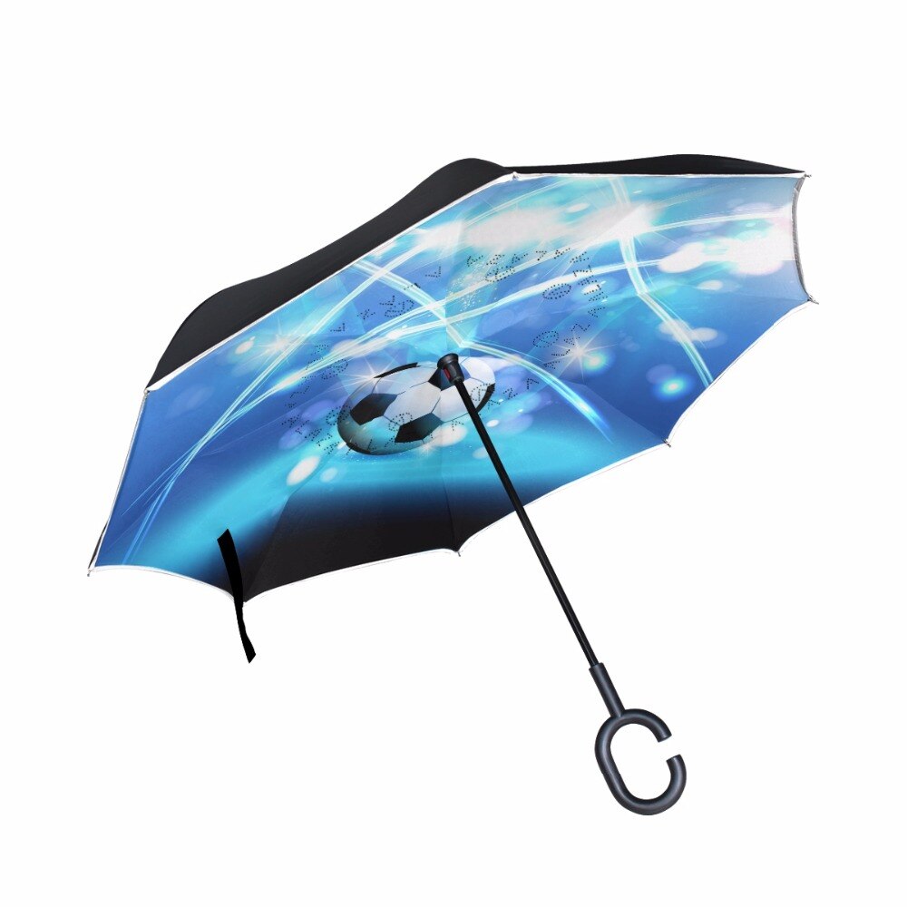 De fútbol a prueba de viento inversa plegable de doble capa fluorescente de paraguas soporte autónomo protección contra la lluvia C-gancho manos para coche