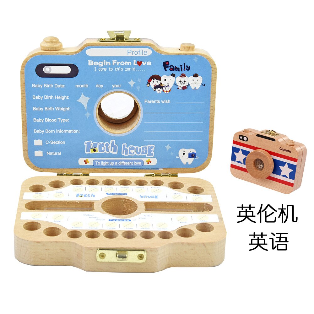 Baby houten tandendoos organizer melktanden opslag camera doos japans engels tanden verzamelen navelstreng bewaren baby tandendoos: Brits-engels
