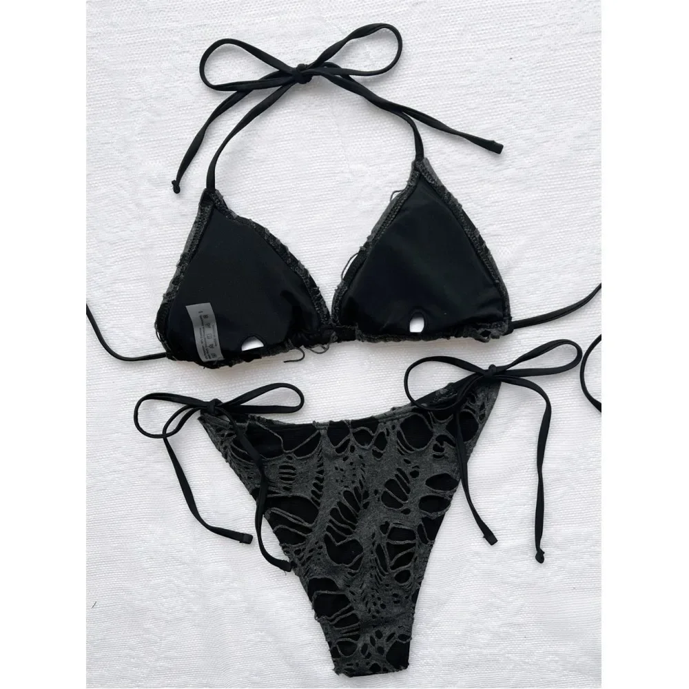 Bañador gótico Grunge para mujer, Micro Bikini desgastado Y2K, trajes de baño Halter con tirantes y cordones, tendencia Punk, novedad de 2023.traje de baño con faja reductora,vestidos de baño mujer envio gratis,tangas