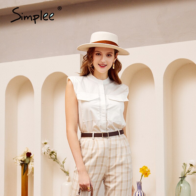 Simplee feminino solida vita sommarblusar dam pocket hög blus skjortor plus size streetwear topp blusas mujer