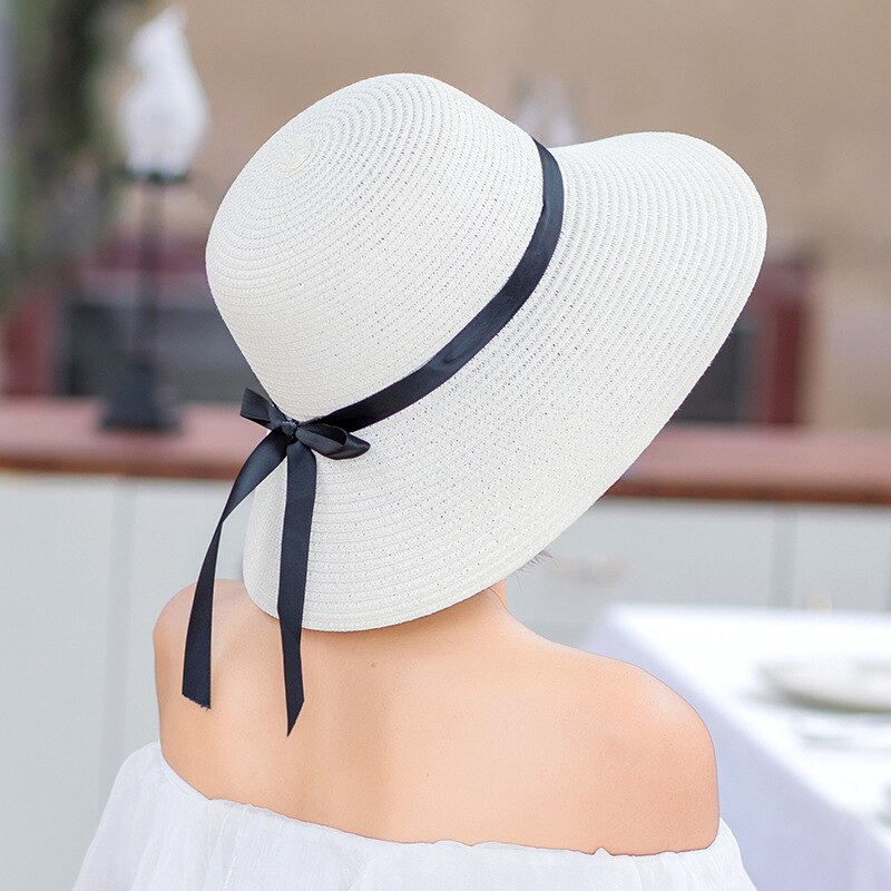 women's straw hat wide brim sun hat ladies solid black ribbon bow floppy beach hat female packable summer hat