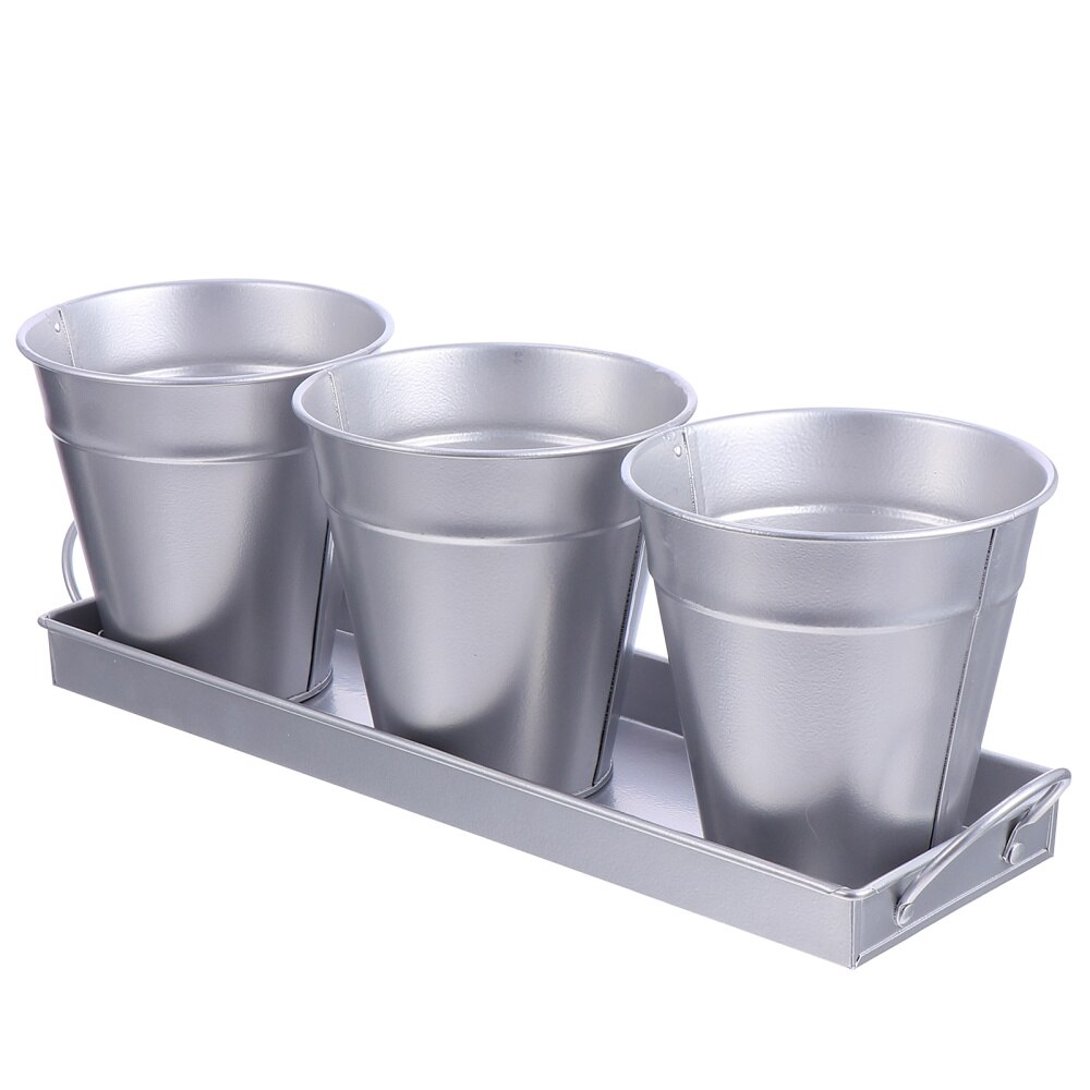 3pcs Garden Planters Flower Pot with 1pc Tray Herbs Succulents Utensil Holder: Silver