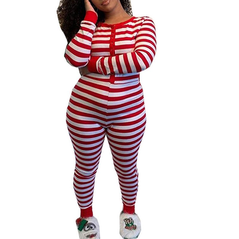 Femmes noël survêtement pyjamas combinaison automne hiver rayé moulante barboteuse maison une pièce femmes vêtements de nuit vêtements de nuit: A / L
