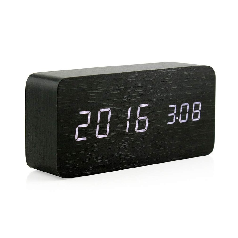 LED Wooden Alarm Clock Watch Table Voice Control Digital Wood Despertador Electronic Desktop USB Powered Clocks Table Decor: black