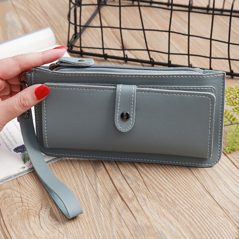 European women's wallet long dark buckle wallet large capacity multi-function hand take purse multi-card wallet: HT