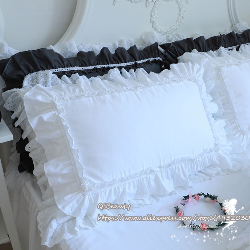 Prinsesse rent hvidt dobbelt lag blonder flounced bomuld bryllup rent bomuld sengetøj pudebetræk pudebetræk