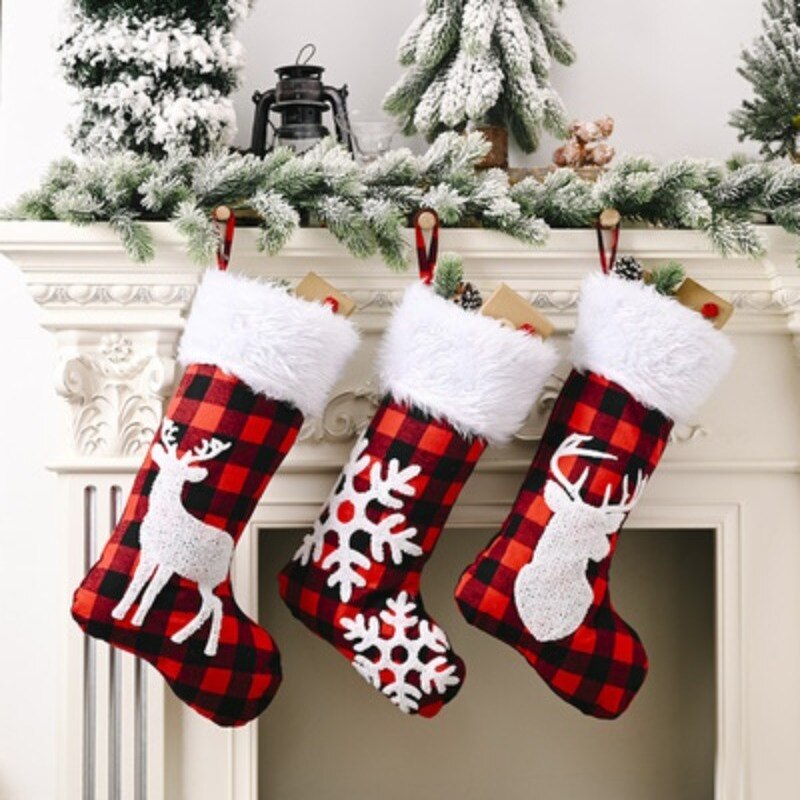 Kerst Viering Decoraties Rood En Zwart Rooster Kerst Sokken Elanden Sneeuwvlok Kerst Sokken Hanger Boom Hanger
