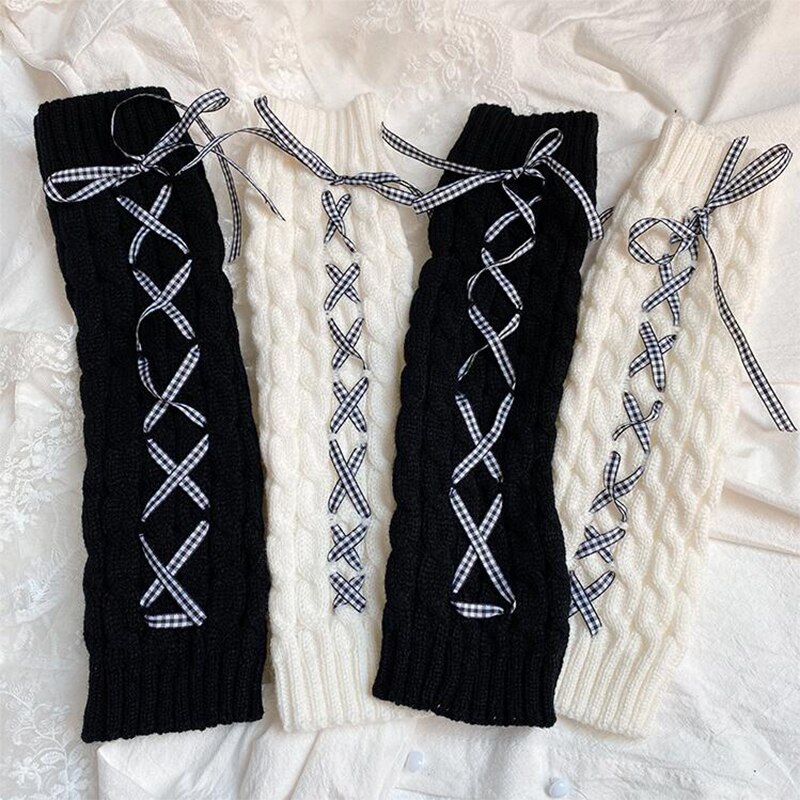 Scaldamuscoli autunnali da donna, calzini alti lavorati a maglia elasticizzati senza piede con fasciatura tinta unita per ragazze, bianco/nero