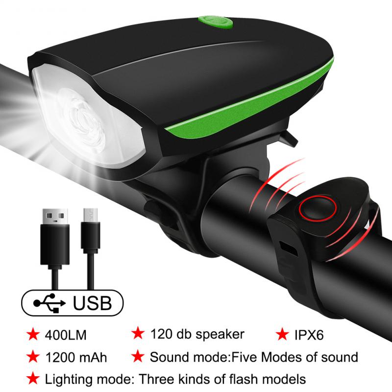 Bicycle Light Front Rechargeable 120db Bike Horn Light MTB Headlight Bicycle Lantern Cycling LED Flashlight Bike Accessories: green horn light