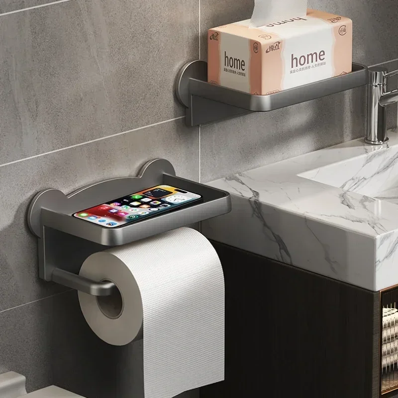 Aan de muur gemonteerde toiletrolhouder Stand Toiletpapier Dispenser Keuken Badkamer Opbergrek Voor Tissue Box Plank Telefoonhouder