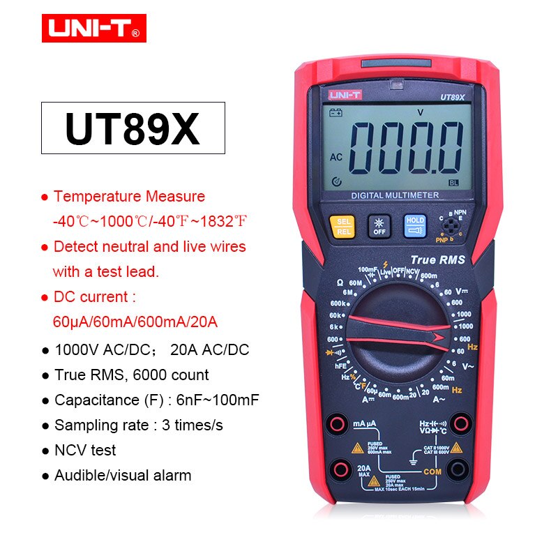 Uni-t  ut89x/ut89xd ægte rms digital multimeter 20a højstrøm digital multimeter ncv / kondensator / triode / temperatur / led test: Ut89x