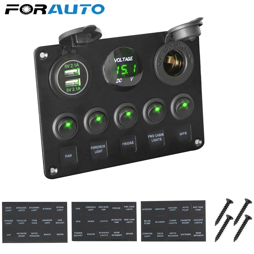 12V Waterproof Digital Voltmeter Dual USB Port Outlet Combination Car Marine Boat LED Rocker Switch Panel