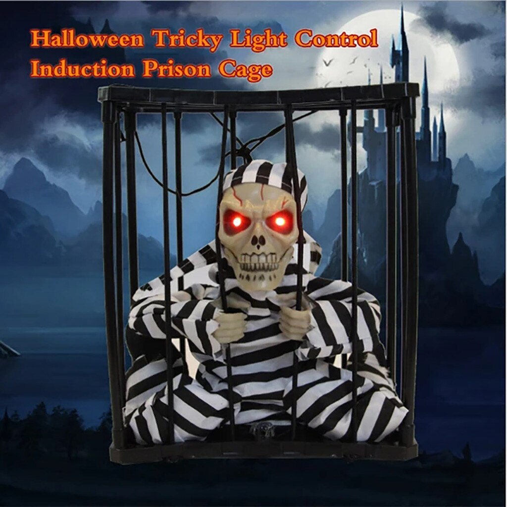 Halloween Hanging Voice-Control Skeleton Prisoner Dressing With Prison Clothes Red Glowing Eye The Skull In Prison shout Decor