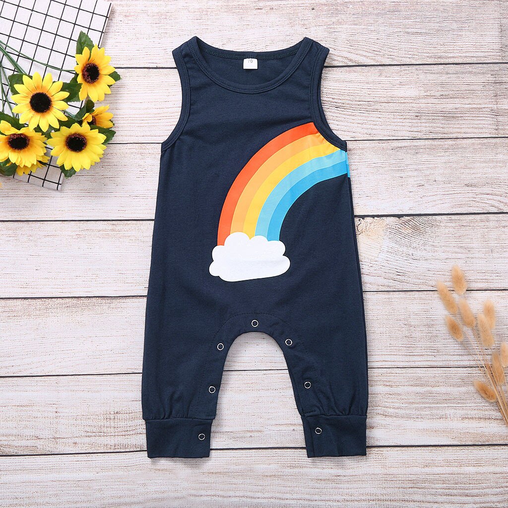 Infant Baby Boys Girls Sleeveless Vest Rainbow Print Romper Toddler Infant Summer Jumpsuit Clothes Set