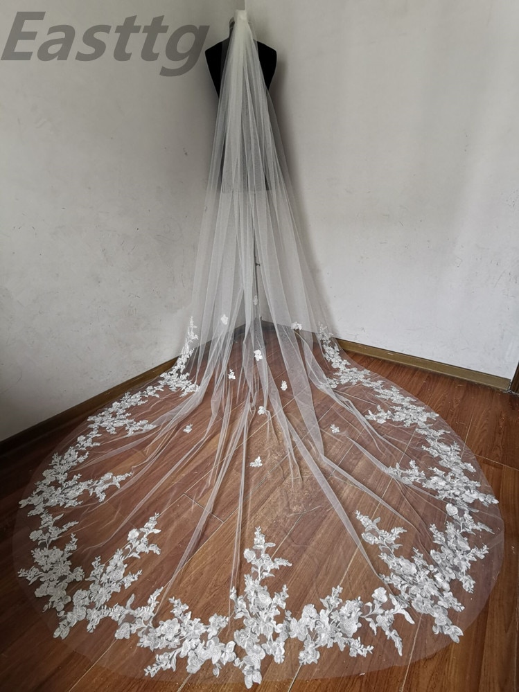 Voile de mariée, Long, bord en dentelle de cathédrale, blanc ivoire, avec peigne, accessoires de mariage, nouvelle photo réelle