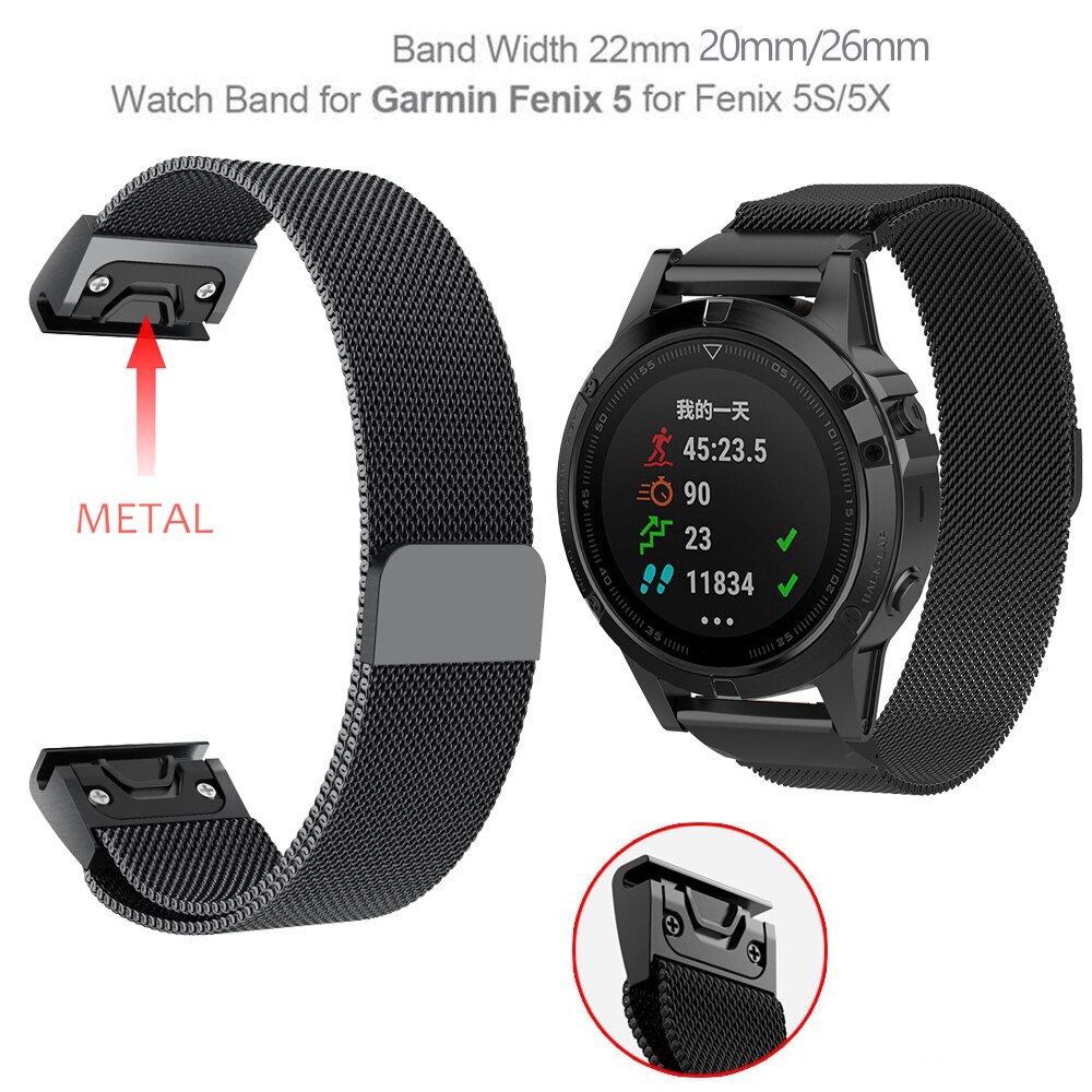 20 22 26mm bracelet de montre magnétique milanais pour Garmin Fenix 5 5S 5X6 6X6 S Pro acier inoxydable métal rapide easyFit bracelet de montre