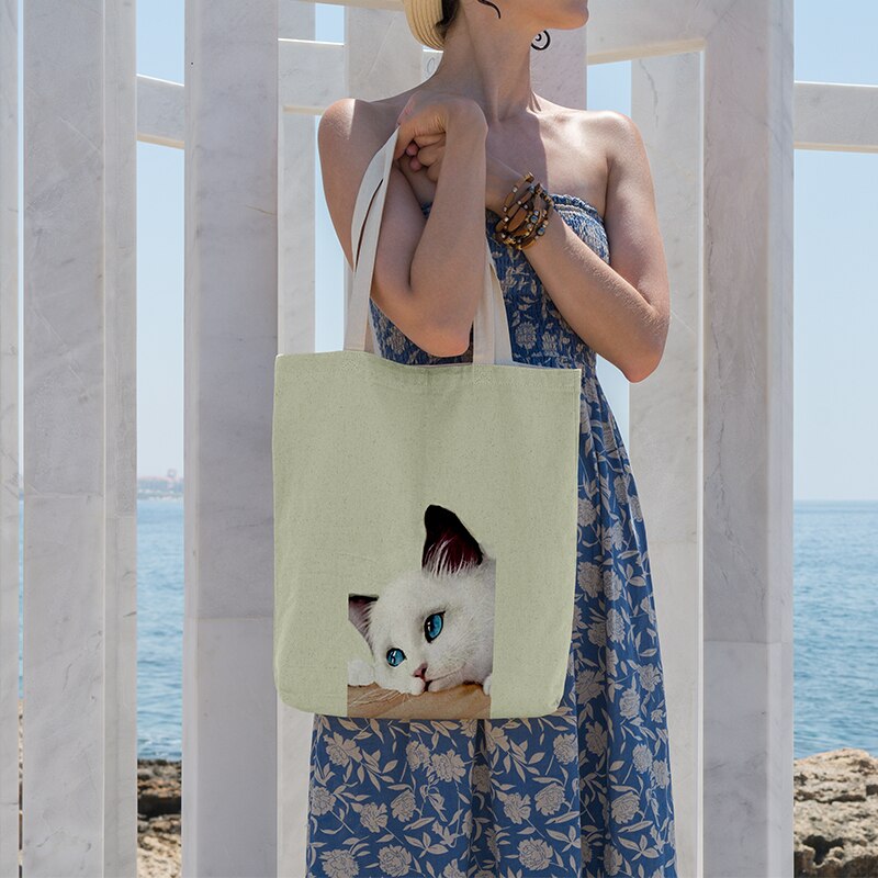 Eenvoudige canvas tas, grappige schattige kat, handtas, boodschappentas voor vrouwen, koreaanse harajuku, grote capaciteit schoudertas, eco-tas