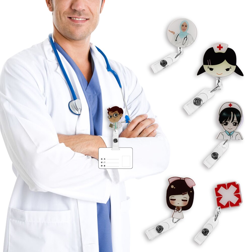 Mini Cute Cartoon Retractable Badge Reel Nurse Lanyards Student Nurse ID Name Card Badge Holder Clips School Office Supplies