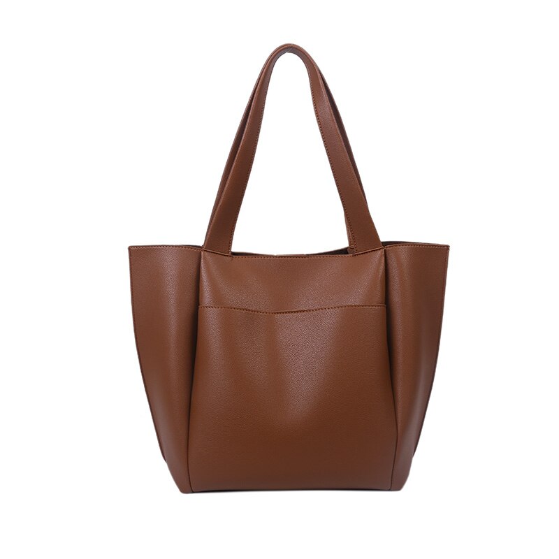 Tote casual da donna in morbida pelle di alta qualità Shopper in tinta unita Borsa a tracolla singola di grande capacità con tasca esterna: Style 1 Brown