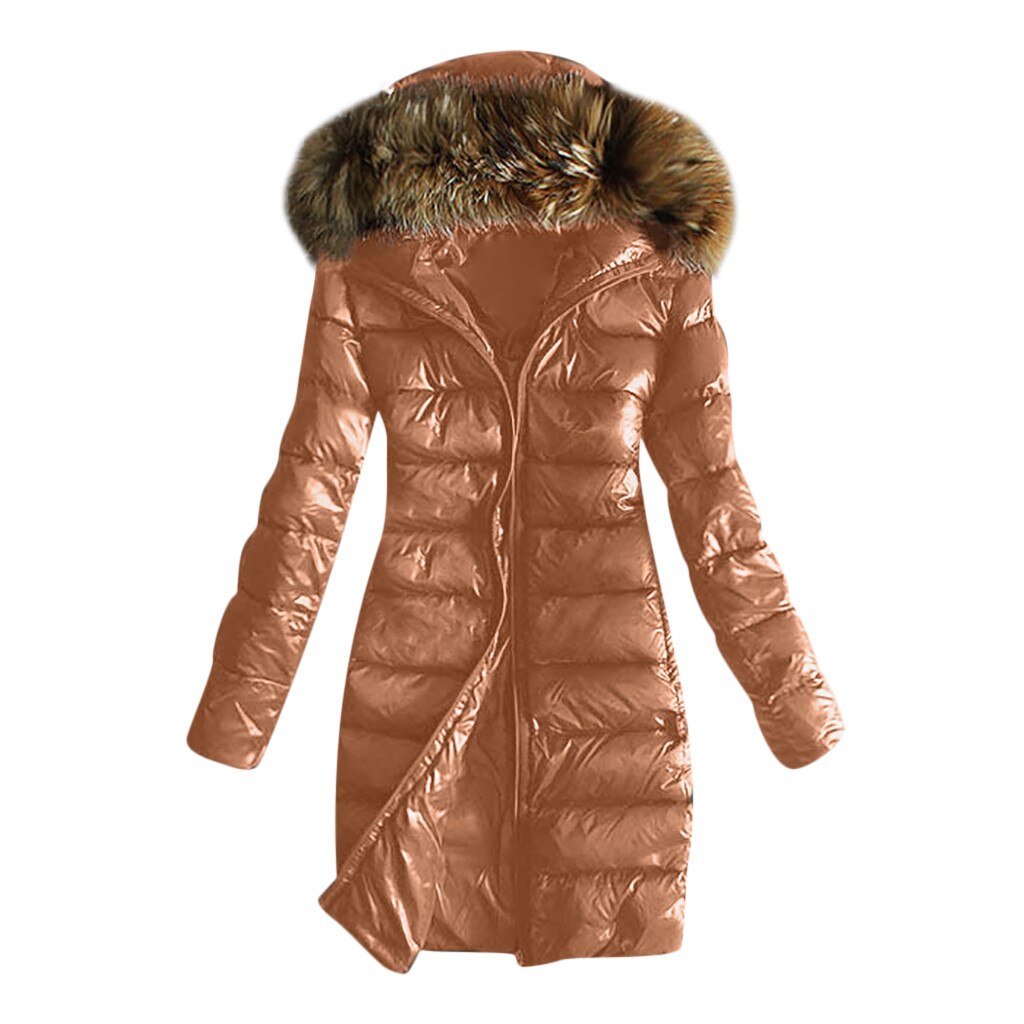 Hiver femmes ski vestes épais grande fourrure à capuche slim veste manteau solide femme veste pour hiver grande taille: Marron / L