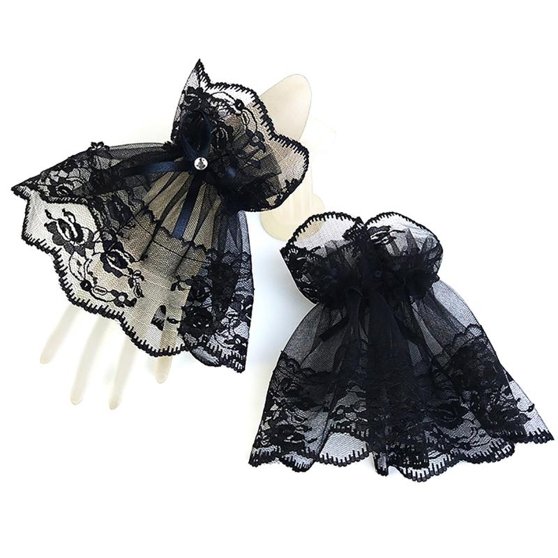 Puño de encaje decorativo para boda, lazo elástico para muñeca, accesorios de disfraz, guante de novia para vestido de boda: Black