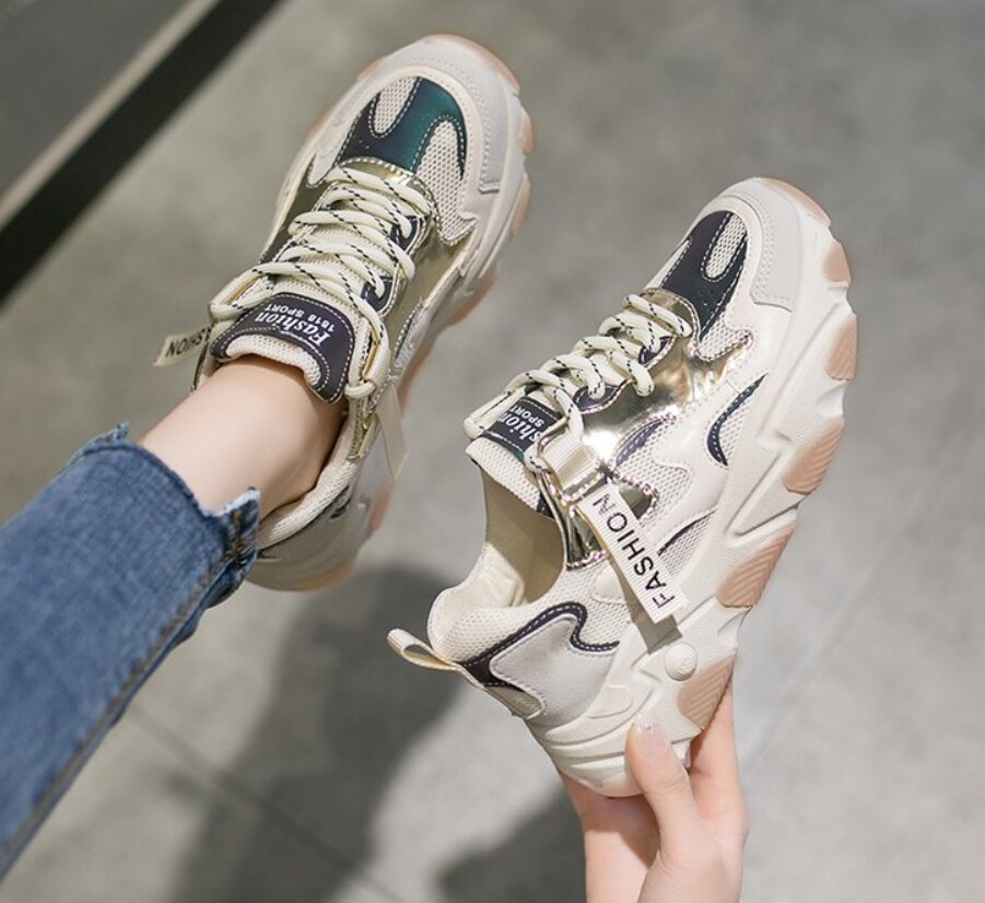 Kvinders chunky sneakers kvinder platform sko snøre åndbare luft sko kvinder kvindelige trænere far sko