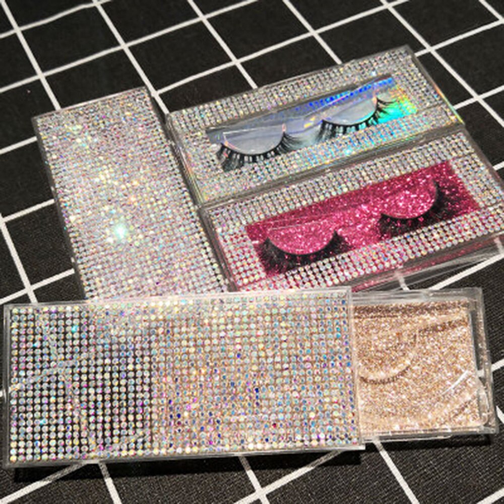 Empty Diamon Eyelash Case Glitter Paper Plastic Eyelash Packaging Box False Eyelash Storage Box With Clear Tray For Eyelash Care