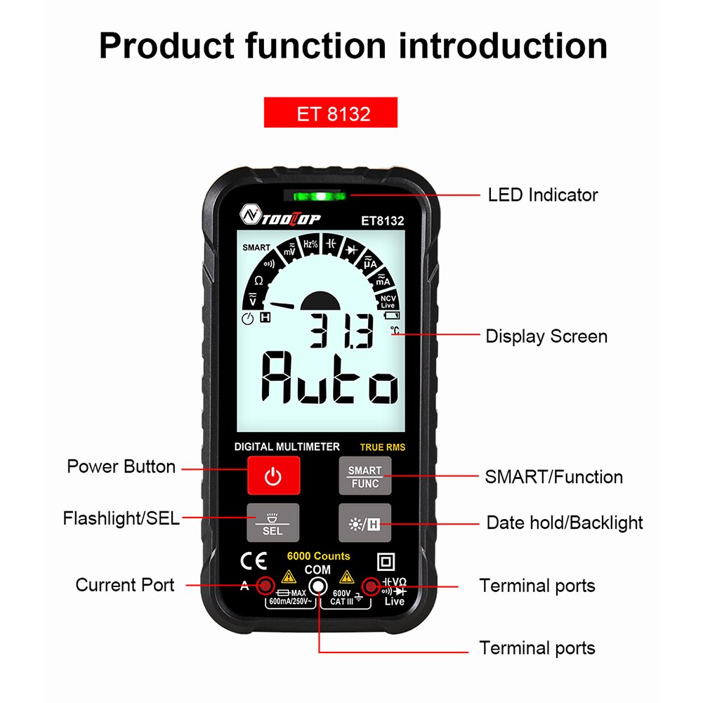 TOOLTOP ET8132 Digital Multimeter High Accuracy LCD Screen Digital Multimeter AC/DC Voltage Current Resistance Capacitance Meter