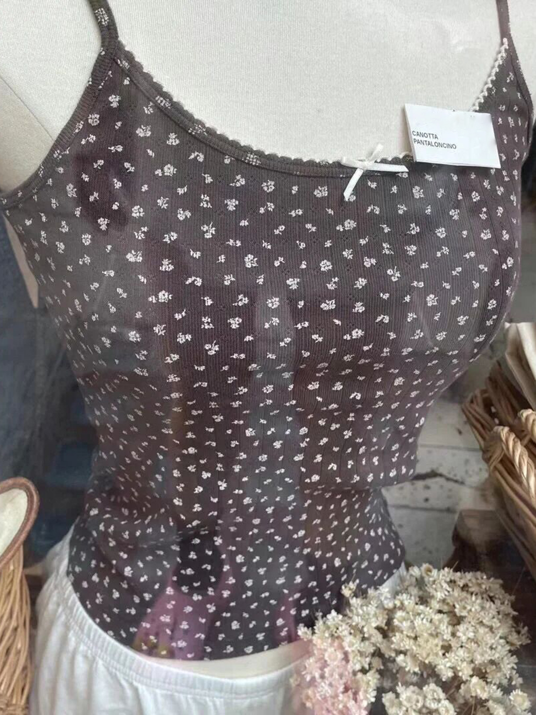 Jahrgang braune Blumen schleife Ernte oben Frauen Sommer Baumwolle ärmellose Aushöhlung Westen Kleidung amerikanische süße schlanke Tanktops y2k