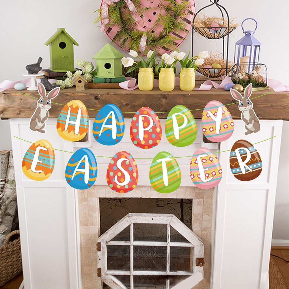 Happy Easter Banner DIY Cute Bunny Festival Party Hanging Decorations Rabbit Prop Ornaments for Family Gathering Decor