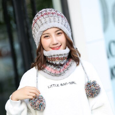 BINGYUANHAOXUAN-gorro de punto para mujer, gorros con bufanda, gorros, gorros de invierno cálido holgado para niña, gorros de lana para niña: gray