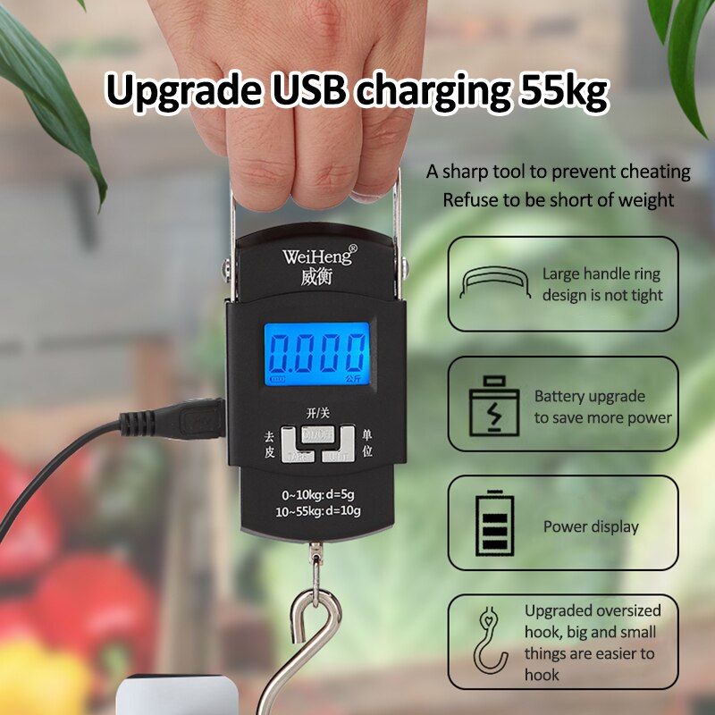 Usb-oplaadbare elektronische weegschaal, digitale handzame zakweegschaal, 50kg 10g draagbare bagageweegschalen, visweegschalen, keukenweegschalen met haakjes